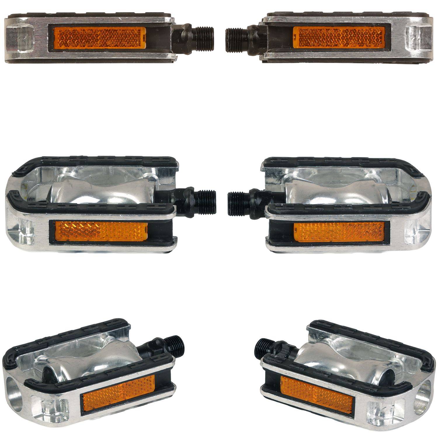 Vier Fahrradpedale werden aus verschiedenen Blickwinkeln gezeigt. Jedes Pedal hat einen orangefarbenen Reflektor auf der Seite und einen schwarzen Spindelsteckverbinder.