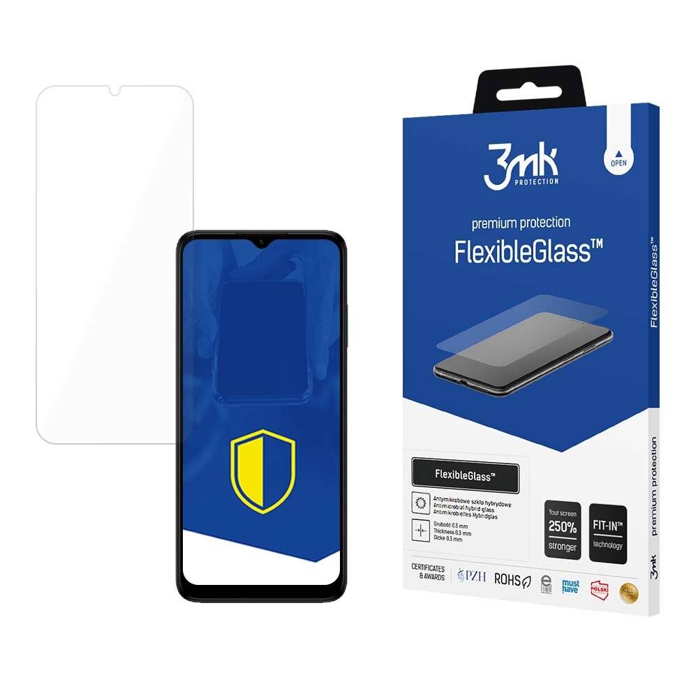 Ein Telefon mit einer Displayschutzfolie und ihrer Verpackung mit der Bezeichnung „3mk FlexibleGlass