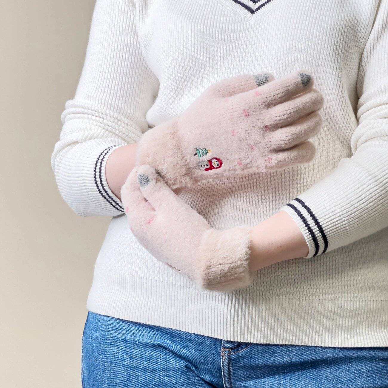 Winter-Telefonhandschuhe Damen einem Schneemann Weihnachtsbaum – beige