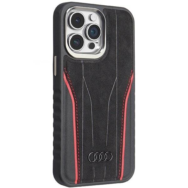 Audi Echtledertasche MagSafe iPhone 15 Pro – Schwarz Rot