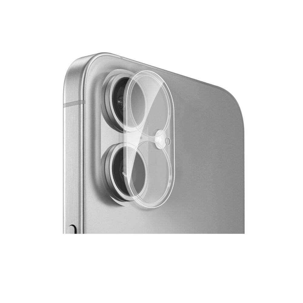 Ein silbernes Smartphone mit einer Dual-Kamera-Anordnung auf der Rückseite, geschützt durch eine transparente Kameraobjektivabdeckung.