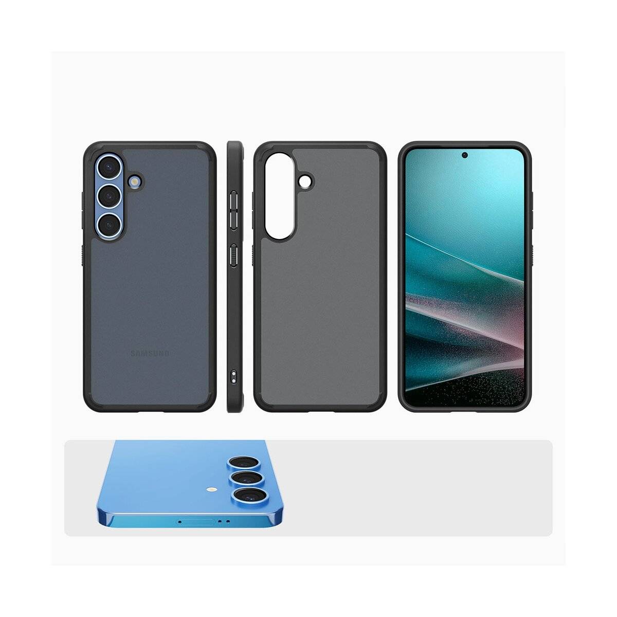 Profilansicht eines schwarzen Handyhülle zeigt Ausschnitte für Tasten und Anschlüsse. Das obere Bild zeigt eine Seite ohne Tasten, das untere zeigt Tasten und einen Ladeanschluss.