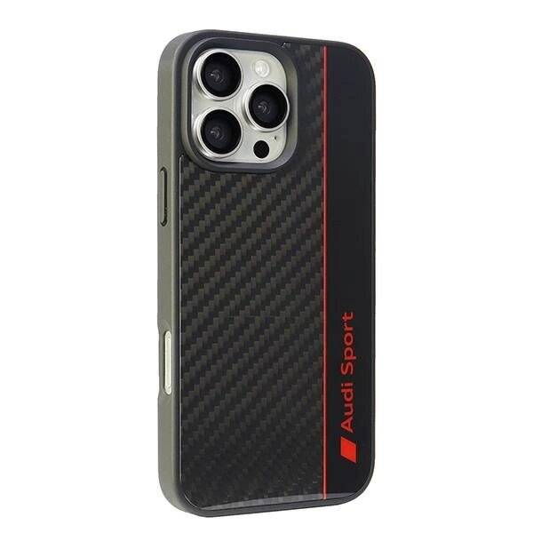 Audi Carbon Fiber Stripe iPhone 16 Pro Max 6,9″ schwarz/schwarz Hardcase AUS-TPUPCIP16PM-R8/D1-BK