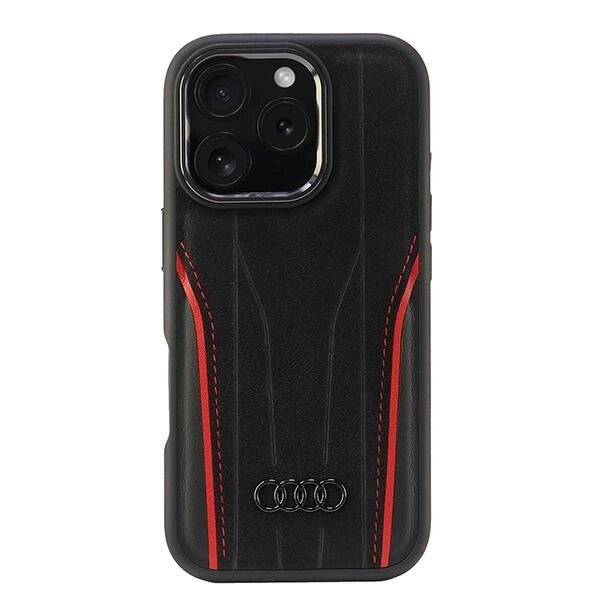 Audi Echtleder MagSafe iPhone 16 Pro 6,3″ schwarz-rot/schwarz-rot Hardcase