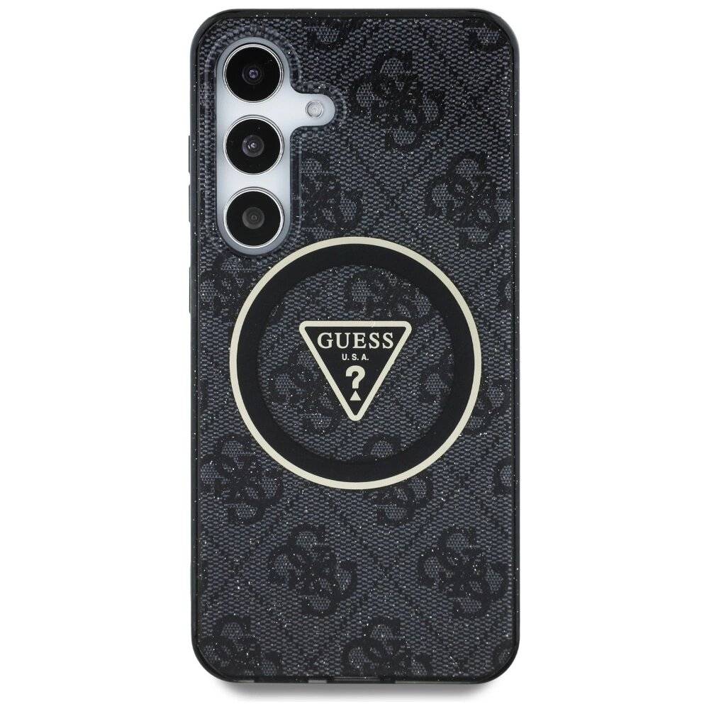Guess 4G Glitter Triangle Buttons MagSafe Hülle Samsung Galaxy S25 schwarz