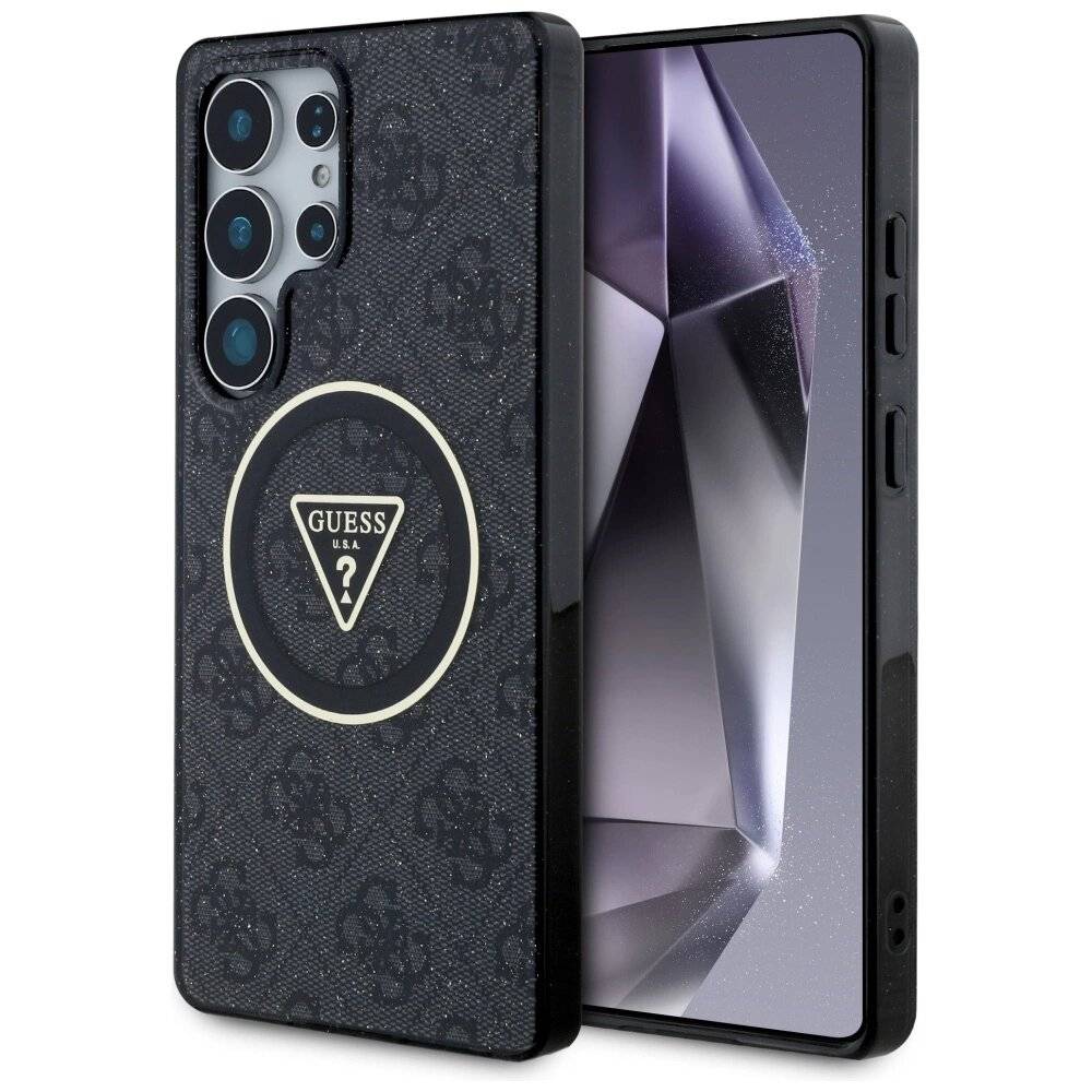 Guess 4G Glitter Triangle Buttons MagSafe Hülle Samsung Galaxy S25 Ultra Schwarz