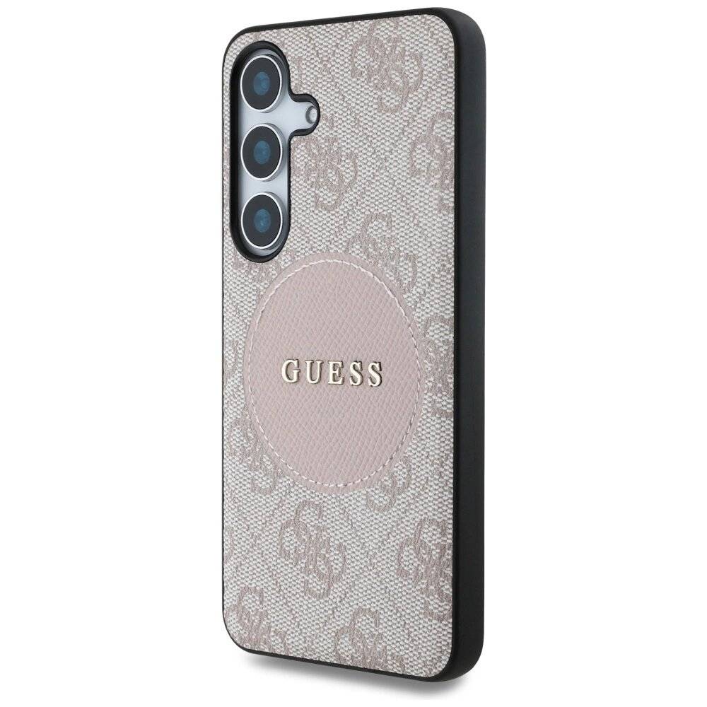 Guess 4G Round Patch Classic Logo MagSafe Hülle Samsung Galaxy S25 Plus rosa