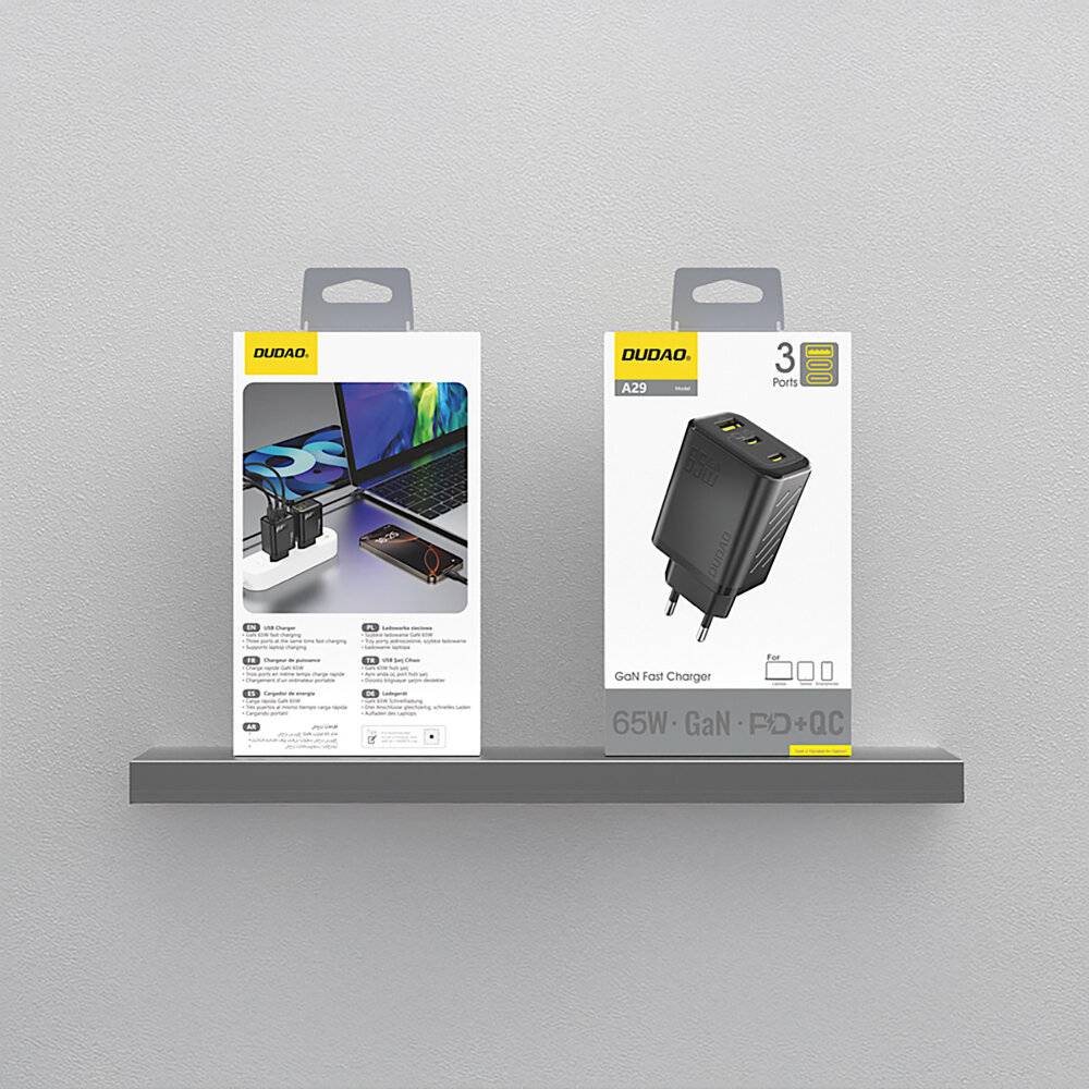 Dudao A29 65W GaN Wandladegerät 2 x USB-C + 1 USB-A - Schwarz