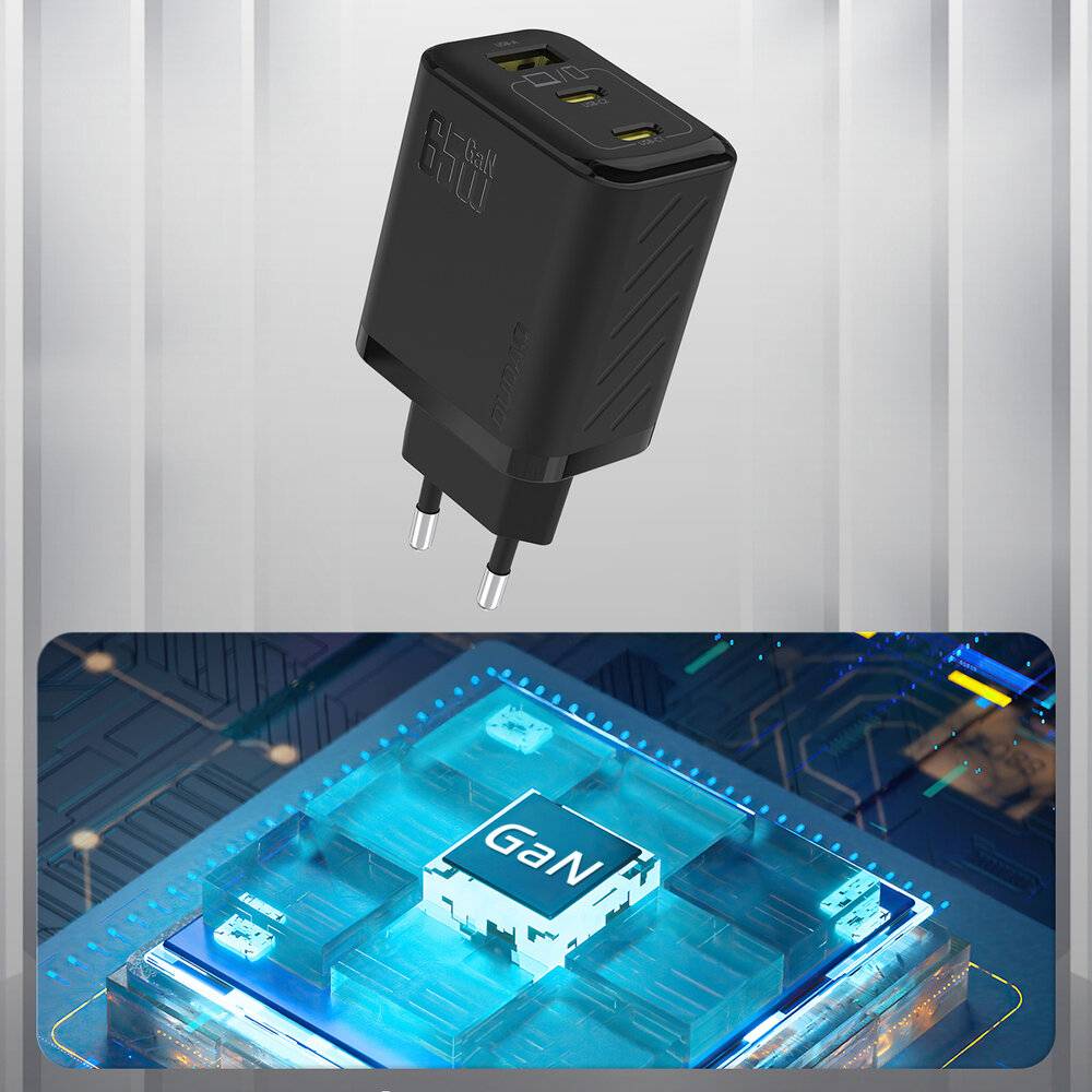 Dudao A29 65W GaN Wandladegerät 2 x USB-C + 1 USB-A - Schwarz