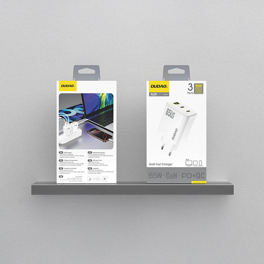 Dudao A29 65W GaN Wandladegerät 2 x USB-C + 1 USB-A - Weiß