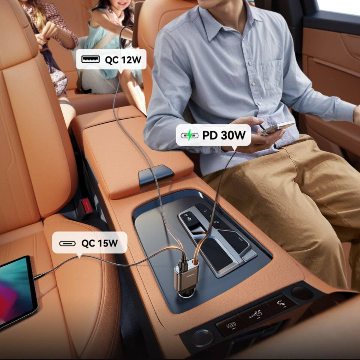 Joyroom JR-CCL07 3-in-1 Autoladegerät mit integriertem einziehbarem Kabel - Dunkelgrau