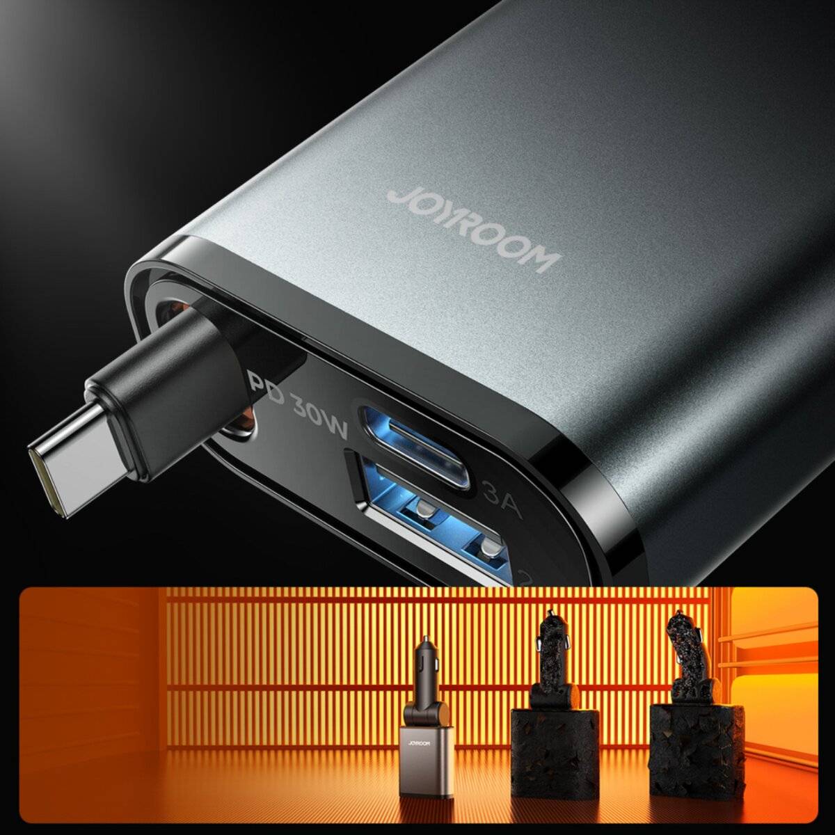 Joyroom JR-CCL07 3-in-1 Autoladegerät mit integriertem einziehbarem Kabel - Dunkelgrau