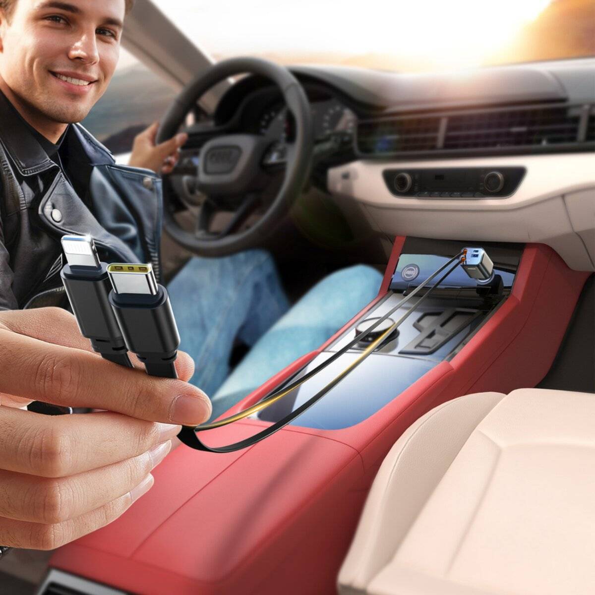 Joyroom JR-CCL05 30W 4-in-1 Autoladegerät 2 integrierten einziehbaren Kabeln - Dunkelgrau