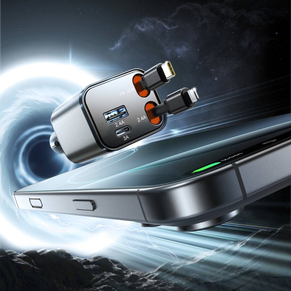 Joyroom JR-CCL05 30W 4-in-1 Autoladegerät mit 2 integrierten einziehbaren Kabeln - Dunkelgrau