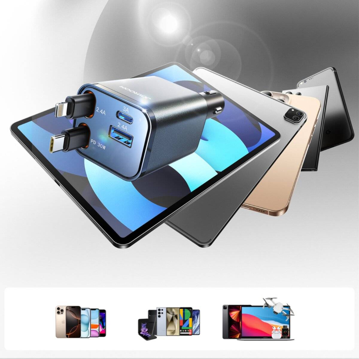 Joyroom JR-CCL05 30W 4-in-1 Autoladegerät mit 2 integrierten einziehbaren Kabeln - Dunkelgrau