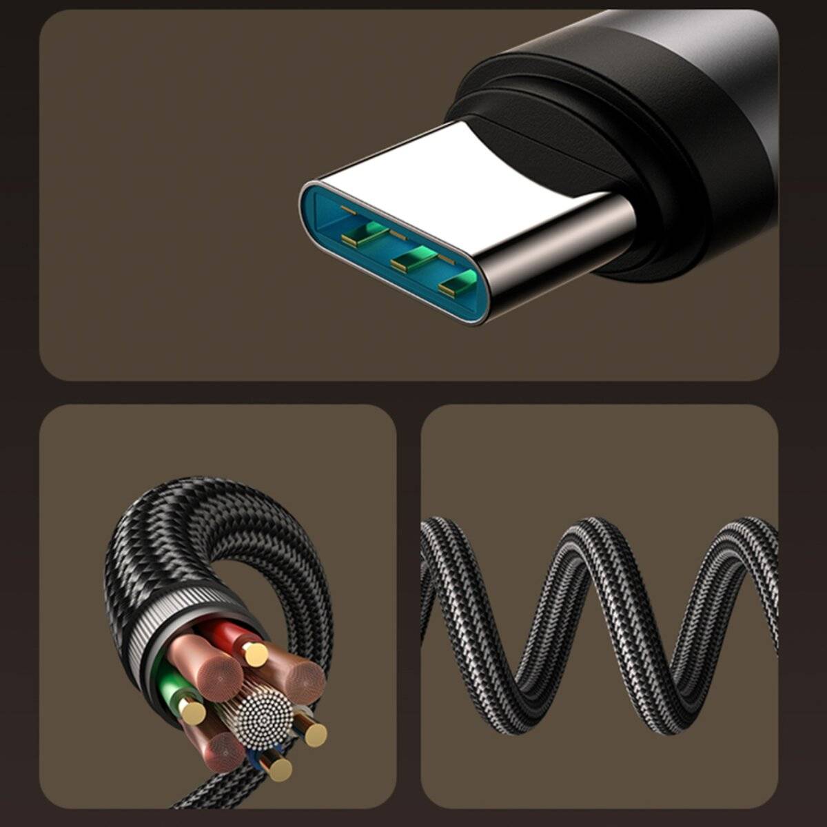 Ein USB-C-Kabel wird mit Details seiner internen Verkabelung und geflochtenen Außenhülle dargestellt.