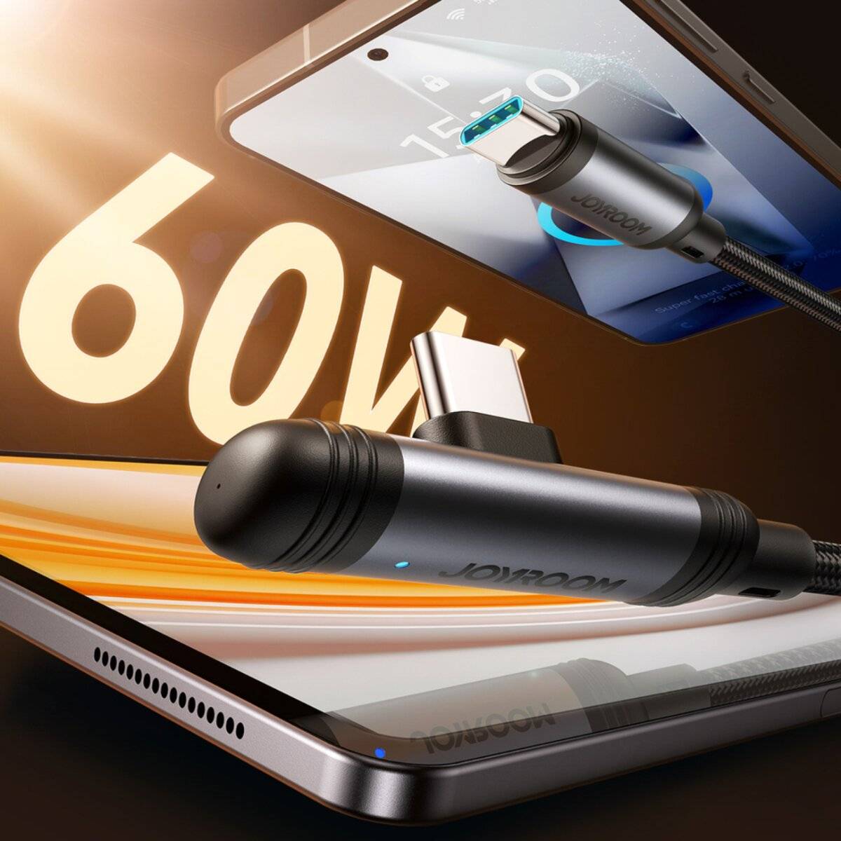 Eine Nahaufnahme eines Smartphones beim Laden mit einem geflochtenen Kabel, das einen 60-W-Leistungsindikator zeigt und auf eine schnelle Ladekapazität hinweist.