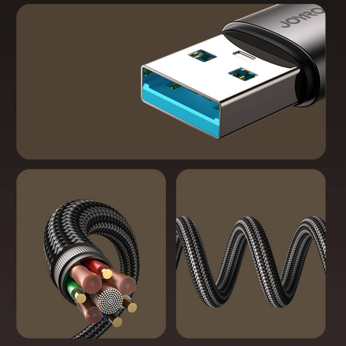 Ein USB-Kabel mit einer detaillierten Nahaufnahme seiner robusten geflochtenen Außenschicht und freigelegten Innendrähten für verbesserte Festigkeit und Verbindungsqualität.