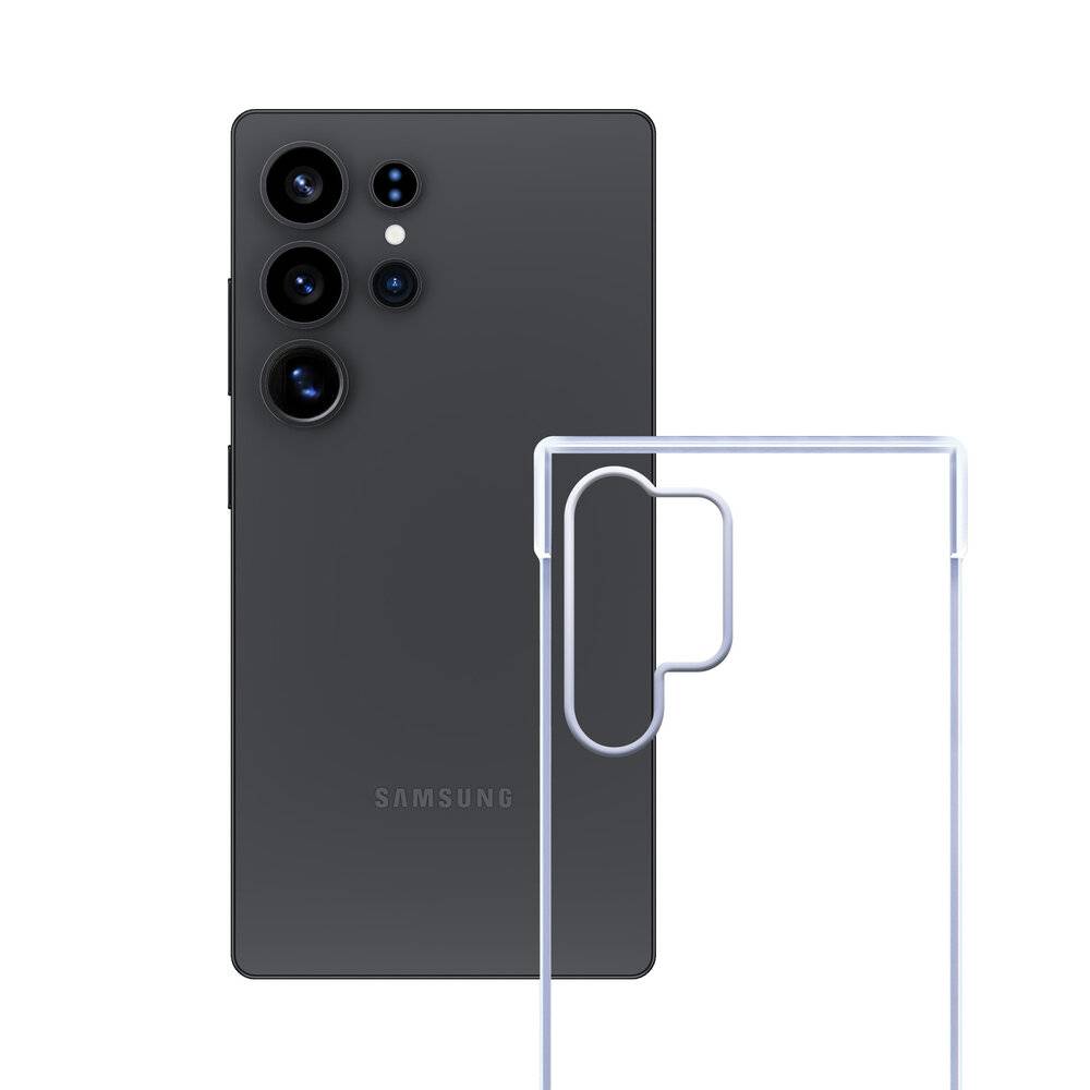 Ein schwarzes Smartphone mit mehreren rückseitigen Kameras, abgebildet neben einer transparenten Schutzhülle, die zum Gerätemodell passt.