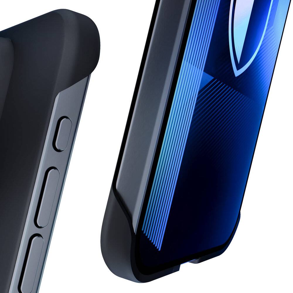 Smartphone in einer Schutzhülle mit sichtbaren Seitentasten und einer blauen Bildschirmanzeige.