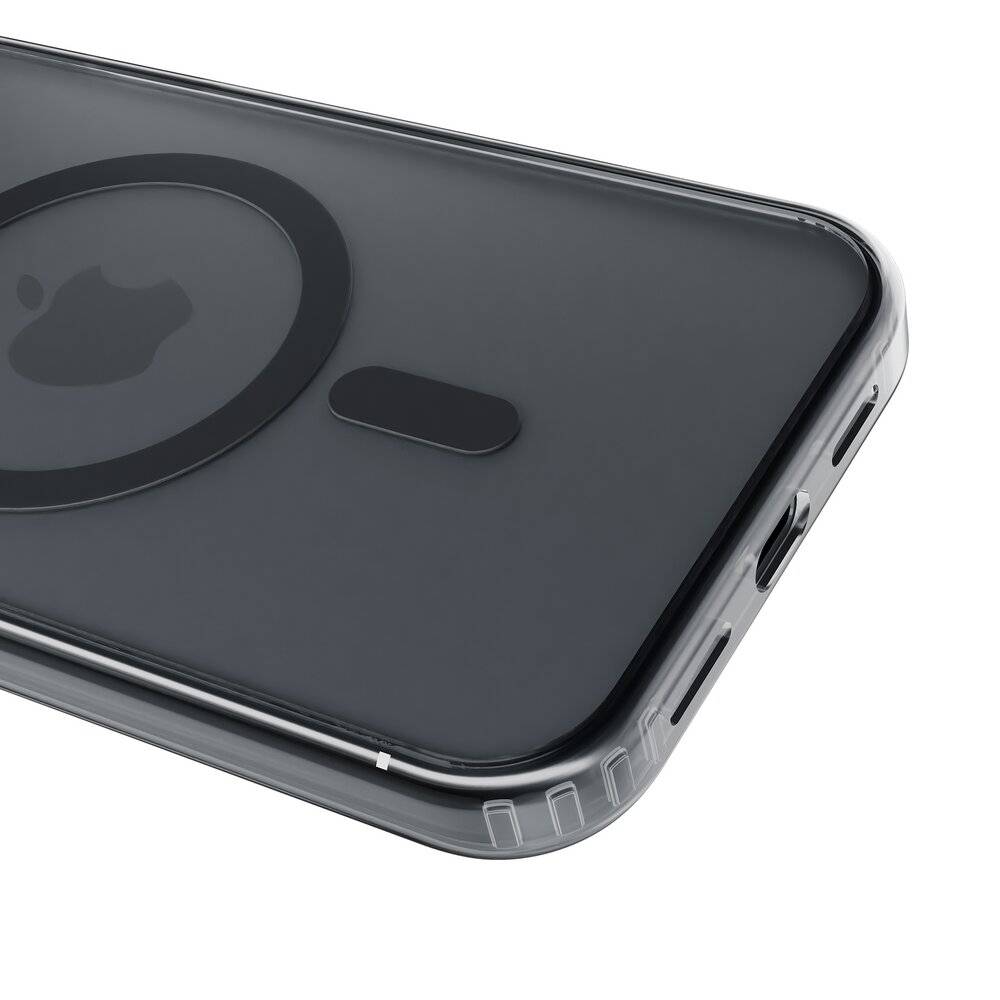 Ein schwarzes iPhone-Schutzhülle mit MagSafe-Ring, das Seitentastenschnitte und Öffnungen für Anschlüsse zeigt; die Rückseite ist transparent und präsentiert das Logo.