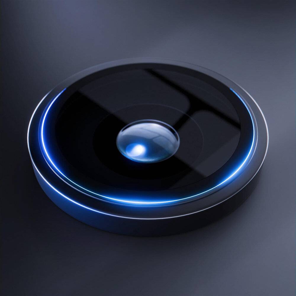 Das Bild zeigt ein elegantes, schwarzes, kreisförmiges Gerät mit einer leuchtenden blauen Kante, das einem futuristischen Knopf oder Sensor ähnelt, vor einem dunklen Hintergrund.