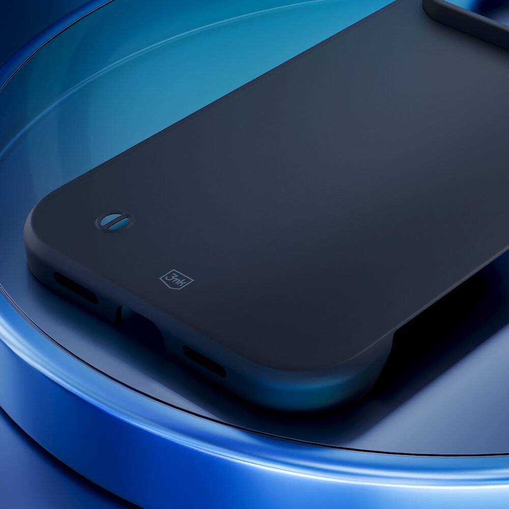 Ein elegantes, modernes Smartphone mit blauer Oberfläche, platziert auf einer reflektierenden, geschwungenen Fläche, das ein minimalistisches Design zeigt.