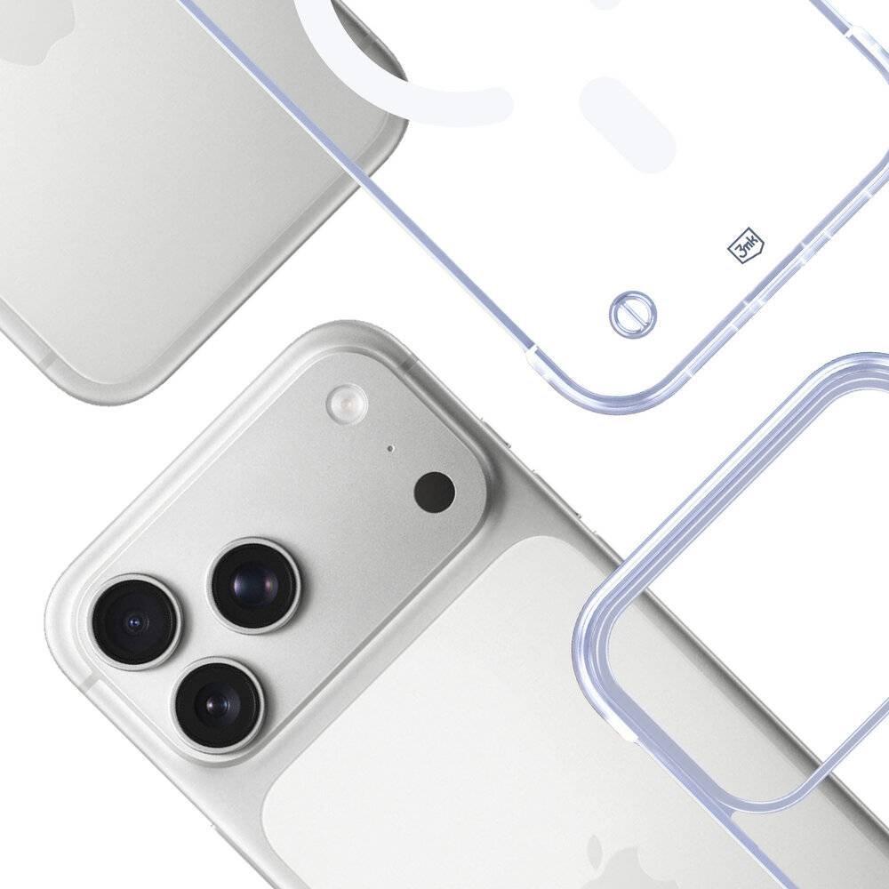 Smartphone mit Dual-Kameras und transparenter Schutzhülle, das Design und technische Funktionen zeigt. Einfaches, modernes Layout betont die Produktfunktion.