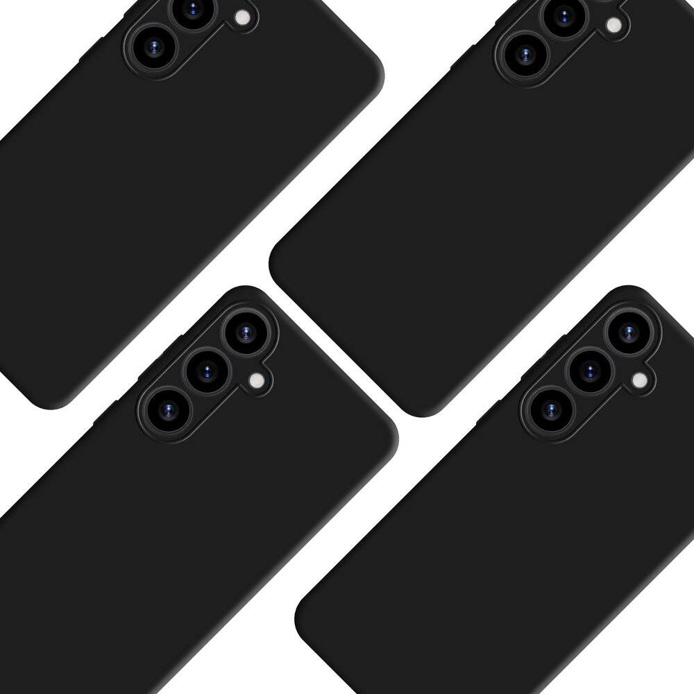 Vier schwarze Smartphones mit Triple-Kamera-Setups diagonal über einen weißen Hintergrund angeordnet.