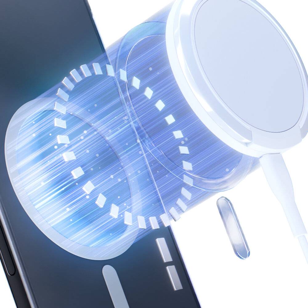 Eine Nahaufnahme eines Smartphones mit einem transparenten, leuchtenden kabellosen Ladegerät, das darüber schwebt und Ladefähigkeiten zeigt.