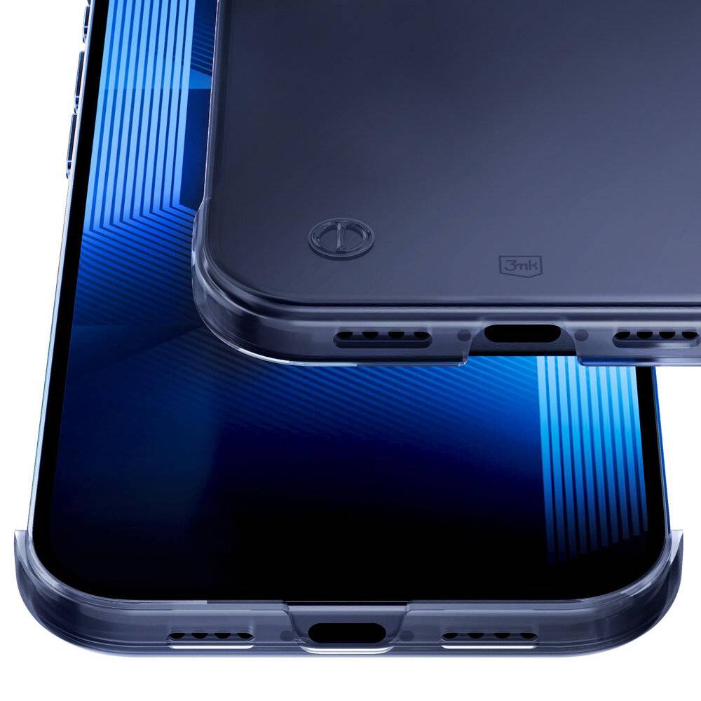 Nahaufnahme von zwei Smartphones mit transparenten Hüllen, die ihr schlankes Design und blau gemusterte geometrische Bildschirme zeigen.