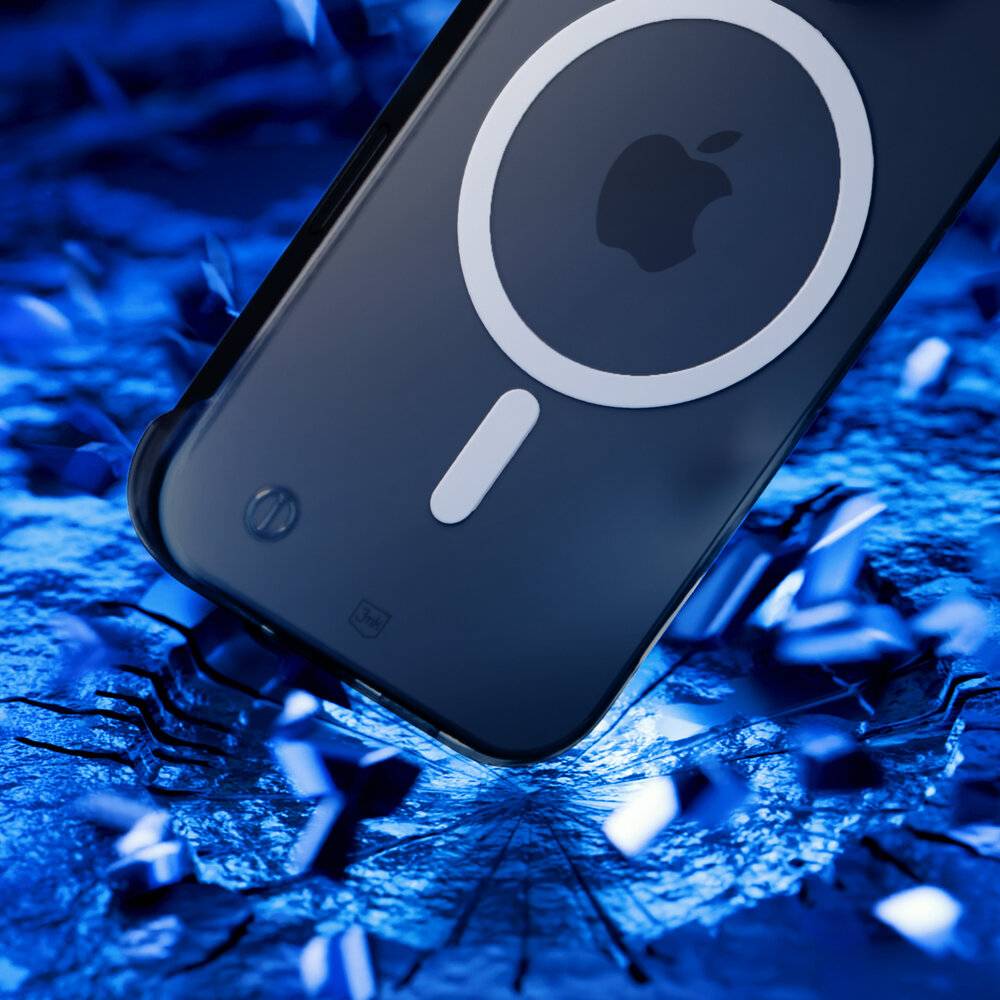 Ein schlankes Smartphone mit sichtbarem Apple-Logo auf der Rückseite, liegend auf einer lebendigen blauen kristallinen Oberfläche.