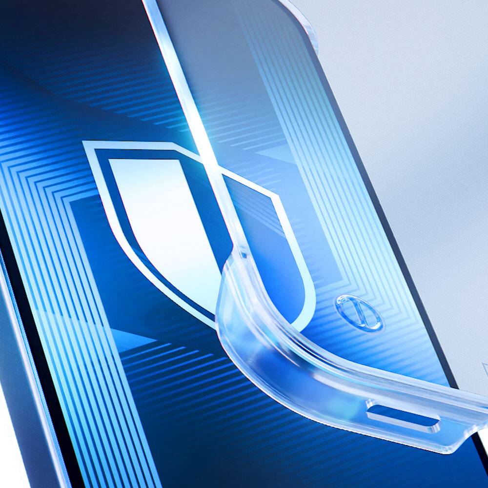 Ein Smartphone-Bildschirm mit einem Schildsymbol, das Schutz oder Sicherheit symbolisiert, wird durch blaue geometrische Muster im Hintergrund hervorgehoben.