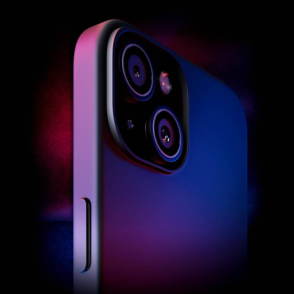 Ein Smartphone mit Dualkamera in einem eleganten, modernen Design, hervorgehoben durch purpurrosa und rosafarbene Beleuchtung, die die Konturen des Geräts zeigt.