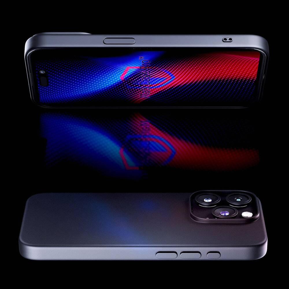 Zwei Smartphones werden gezeigt: eines aufrecht mit einem blau-roten Wellenmuster auf dem Bildschirm, das andere mit der Rückseite nach oben, das seine Kameraobjektive zeigt.