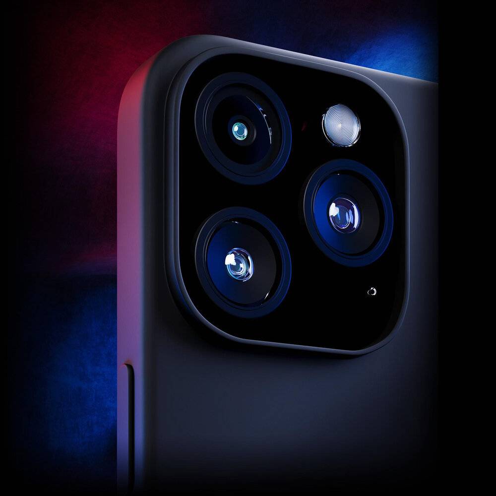 Nahaufnahme eines Smartphone-Kameramoduls auf der Rückseite eines Geräts mit mehreren Objektiven und einem Blitz in einer dunklen Umgebung.