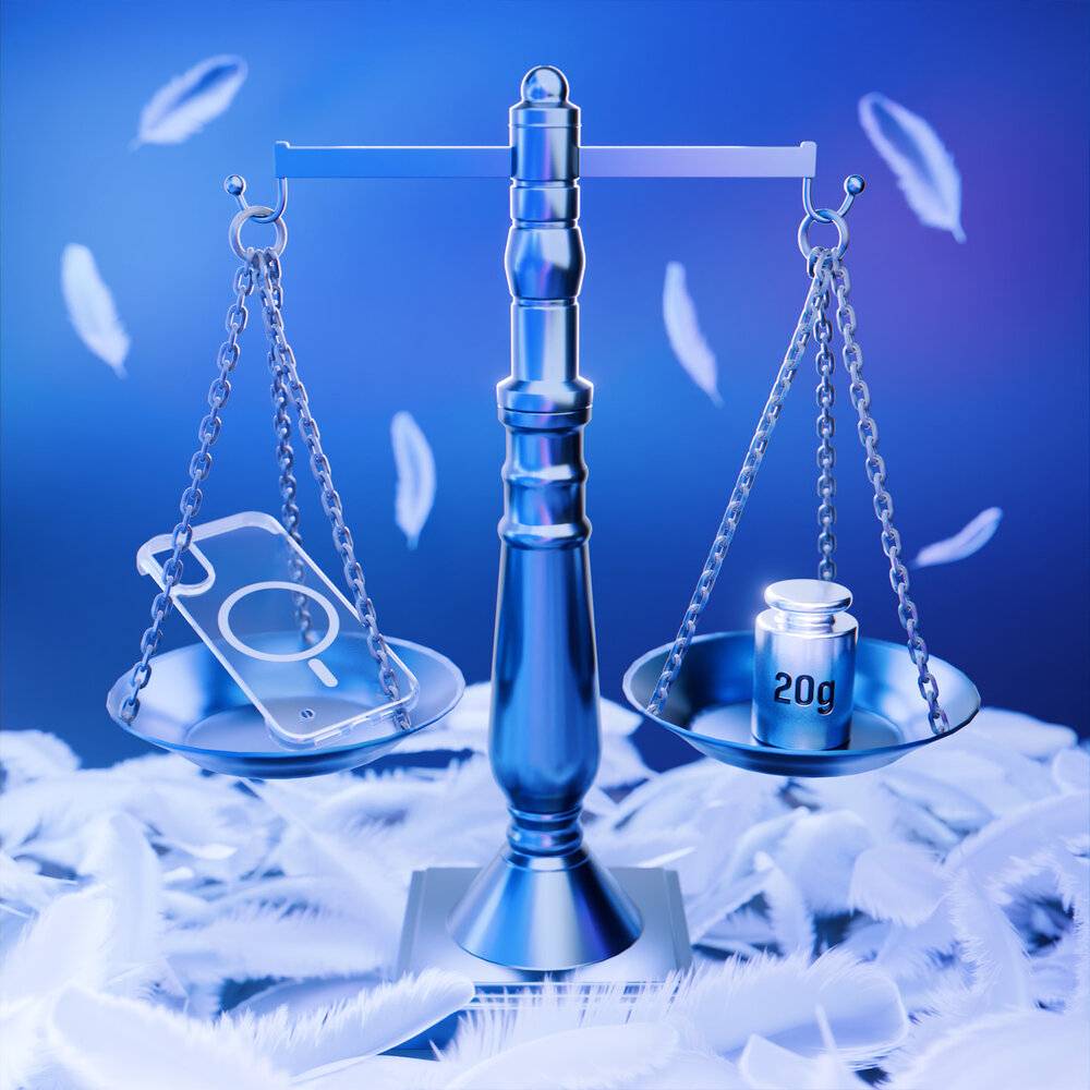 Telefon mit vier Kameraobjektiven und durchsichtiger Schutzhülle. Ein blaues kabelloses Ladesymbol strahlt von der Rückseite des Telefons aus.