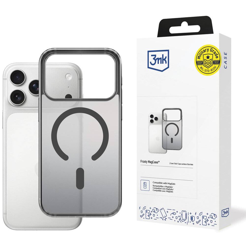 iPhone mit transparenter Schutzhülle mit kreisförmigem Design auf der Rückseite, dargestellt neben einer Markenschachtel, die die Kompatibilität mit Schutzklasse Militärqualität hervorhebt.