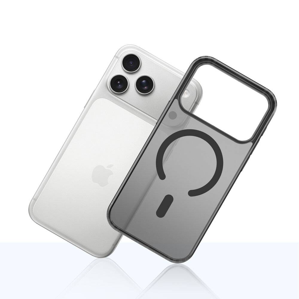 Ein Smartphone mit dreifacher Kameraausstattung und einem transparenten Gehäuse mit Kreis- und Liniendesign, das auf MagSafe-Kompatibilität hindeutet.