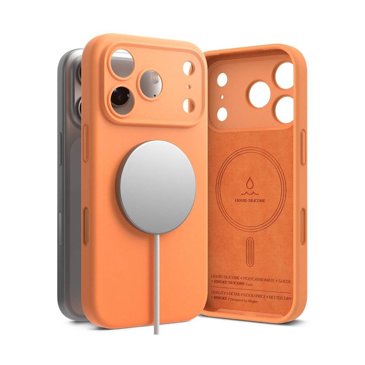 Drei Smartphone-Hüllen in Orange und Grau, Vorder- und Rückansicht. Die orangefarbene Hülle zeigt einen kreisförmigen Bereich mit einem Blitzsymbol.