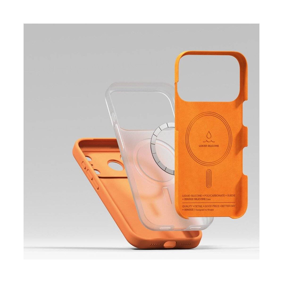 Zwei Handyhüllen, eine orange und eine durchsichtig, werden angezeigt. Die orange Hülle hebt die Merkmale 'Flüssiges Silikon' und 'Leichtes Design' hervor.