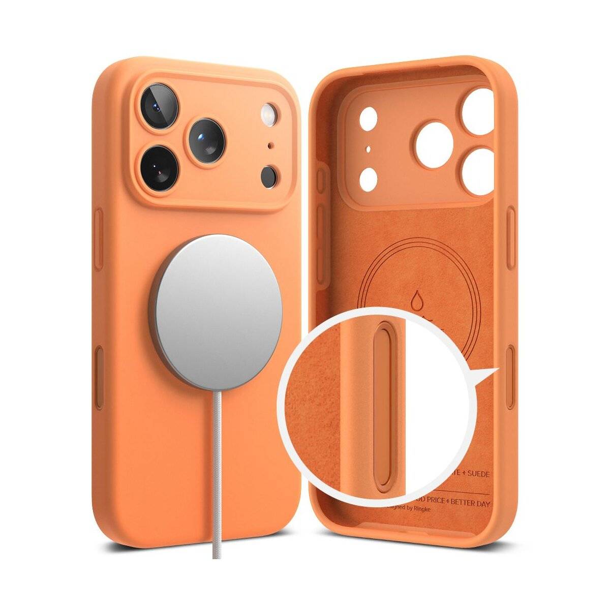 Ein orangefarbenes Smartphone-Case mit MagSafe-Kompatibilität wird gezeigt. Es verfügt über präzise Ausschnitte für die Kamera und Tasten sowie einen Innenschlitz.
