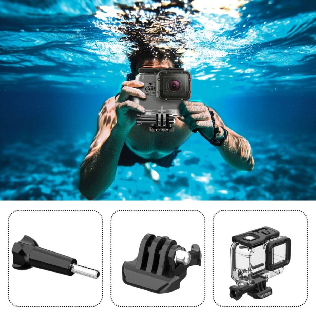 Eine Person schwimmt unter Wasser und hält eine Kamera. Unten sind drei Bilder, die Teile zeigen: eine Schraube, eine Halterung und ein Kameragehäuse.