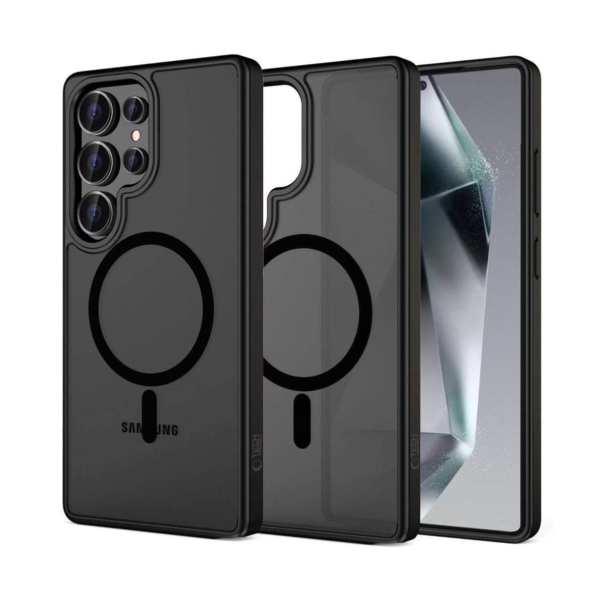 Schwarze Smartphone-Hülle mit kreisförmigem Muster, zeigt Vorder- und Rückansicht. Der Telefonbildschirm zeigt ein geometrisches Design.