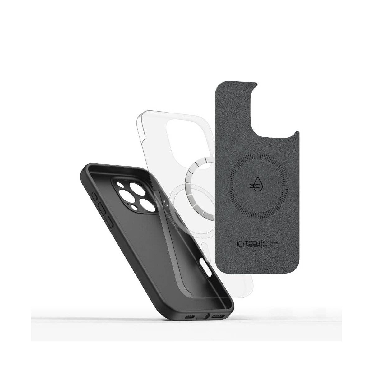 Zwei Handyhüllen, eine schwarze und eine transparente, stehen nebeneinander. Ein magnetisches Ladegerät ist auf der Rückseite der schwarzen Hülle angebracht.