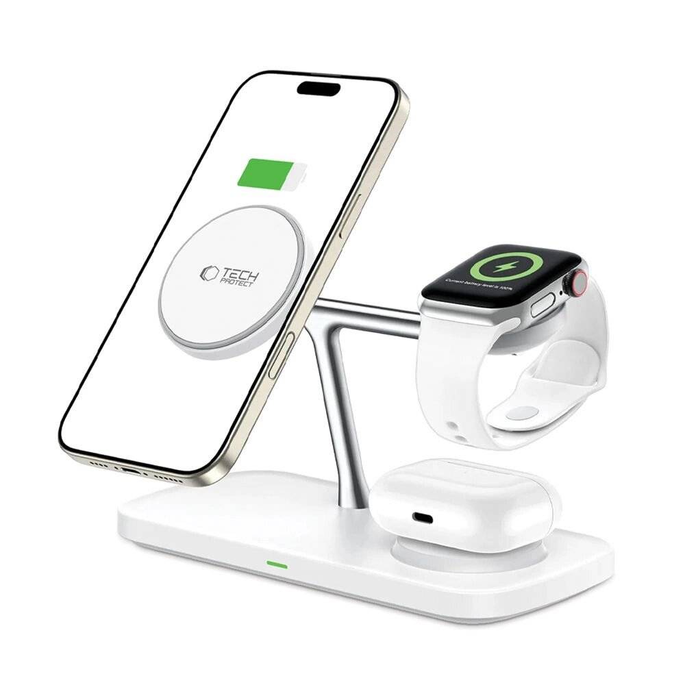 Tech-Protect QI15W-A45 3in1 kabelloses Ladegerät MagSafe Apple -Geräte – Weiß