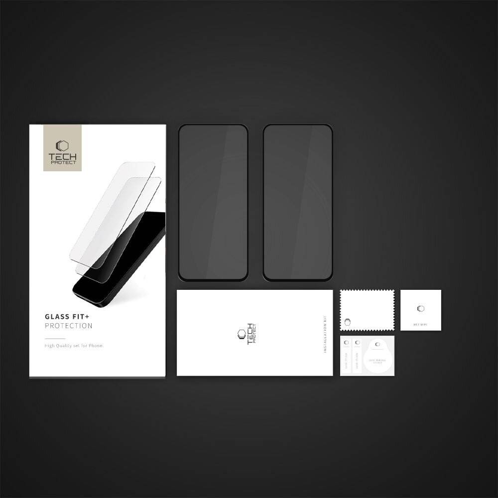 "Tech Protect" Displayschutzfolie aus Glas für Smartphones, inklusive zwei Schutzfolien, Tücher, Staubentferner und Installationsanleitung.