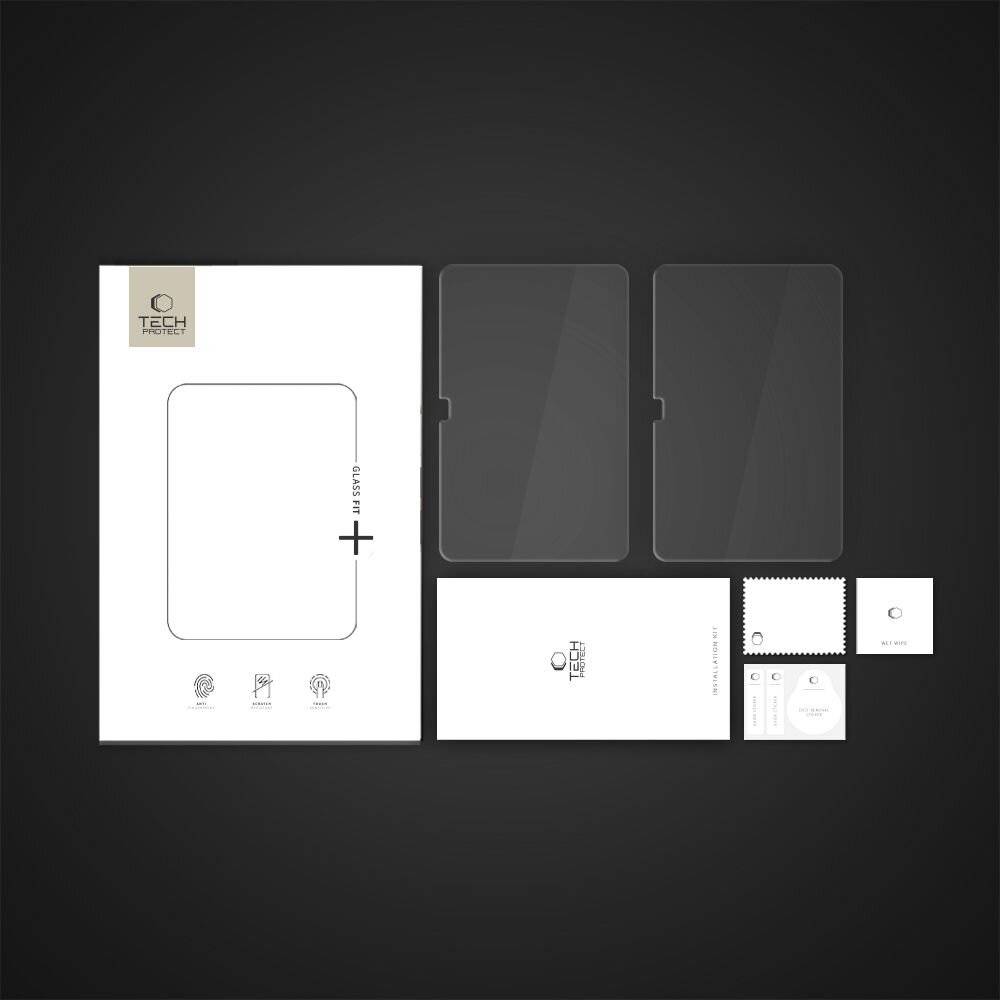 Verpackung eines „Tech" Marken-Displayschutzes mit zwei Schutzfolien, Installationsanleitung, Reinigungstuch und Staubentfernungsstickern.