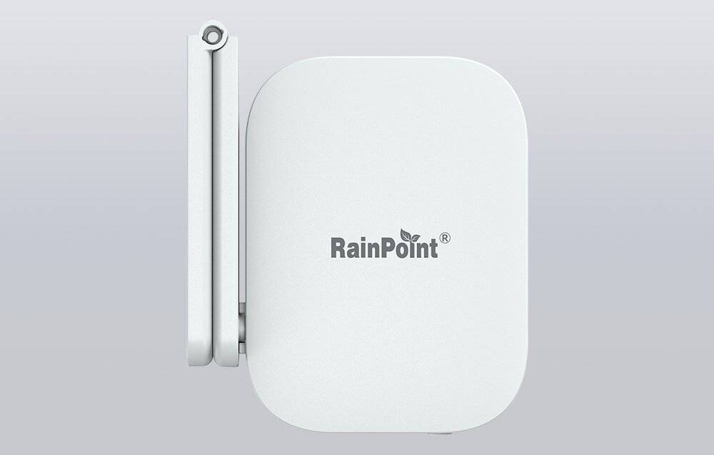 Ein weißes RainPoint-Gerät mit einer kleinen Antenne auf der linken Seite vor einem hellgrauen Hintergrund.