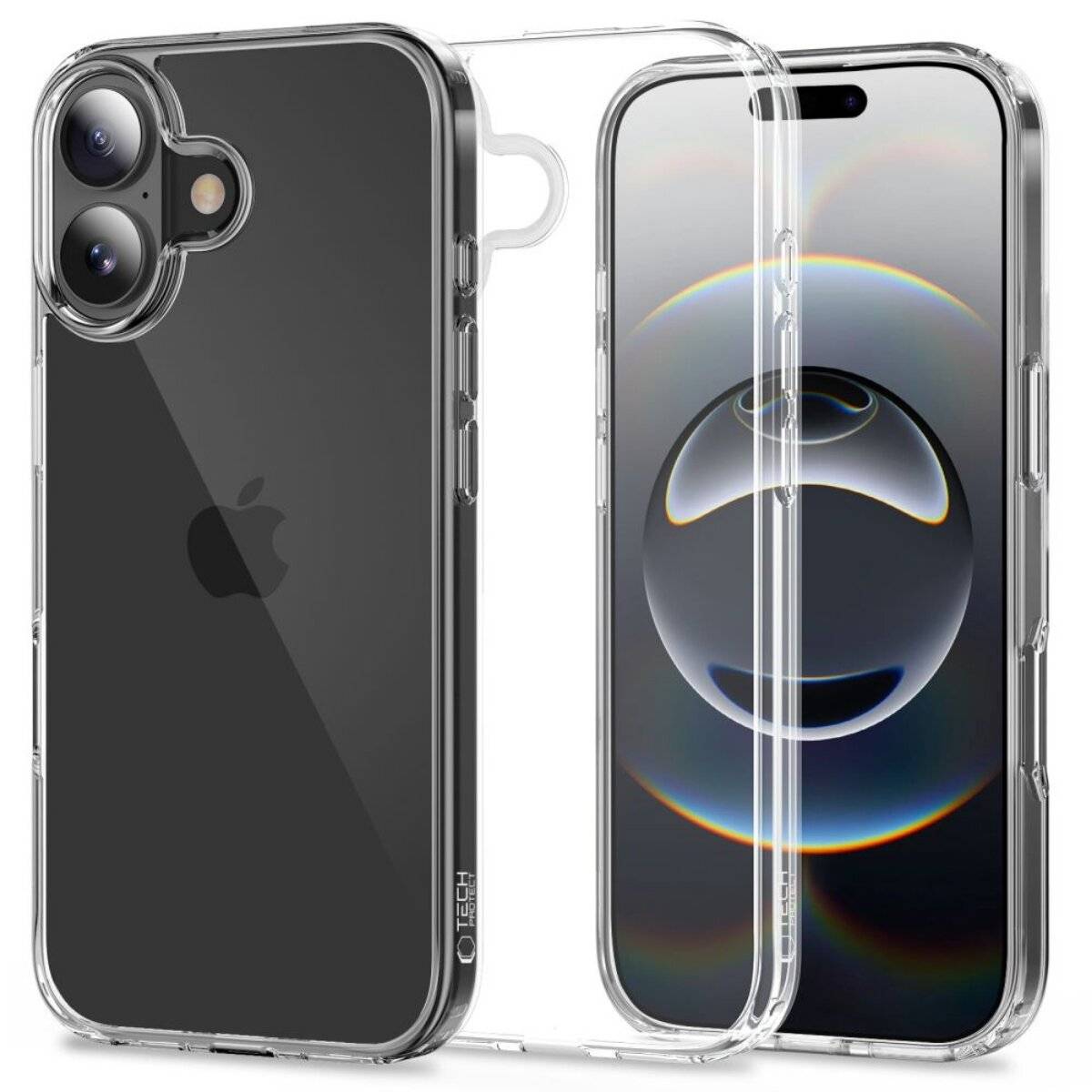 Transparente Handyhülle mit Schutz für Vorder- und Rückseite eines Smartphones, zeigt das Apple-Logo und das Design der rückwärtigen Kamera.